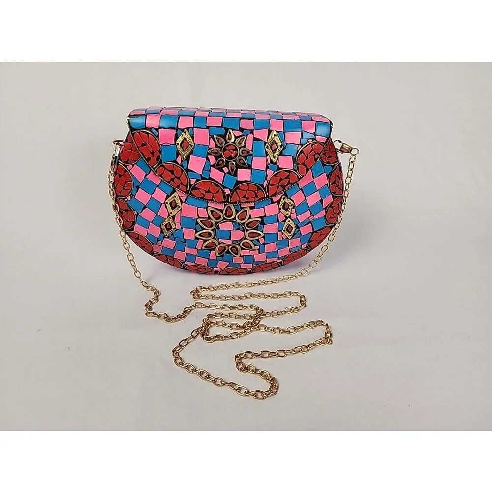 Ramla Mosaic Handmade Bag Pink Blue with Detachable Chain Strap Selling Sunset